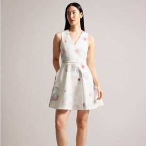 Ted Baker Emleey Printed Skater Flare V Neck Dress with Pockets
